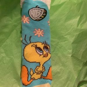 15" Adult Looney Tunes Tweetie Sherpa Lined Blue Slipper Socks Tread Bottom NWT